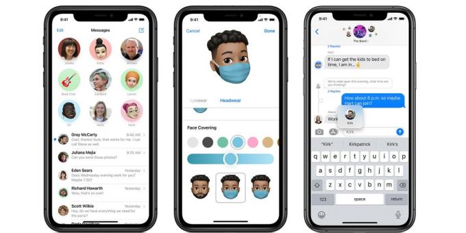 Posnetki zaslona iPhone aplikacije Apple Messages od leve proti desni: pripeti klepeti, obrazna maska ​​za Memoji in omembe v skupinskih klepetih