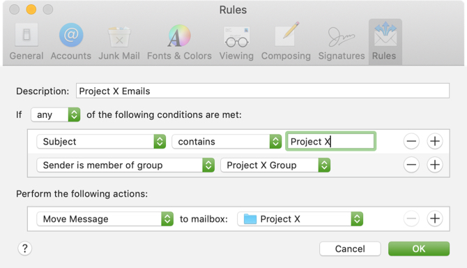 Premaknite e-poštna sporočila o projektu Pravilo Mac Mail