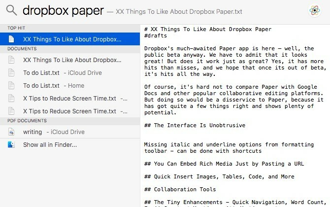 Primer vsebine Dropbox iskanja v središču pozornosti