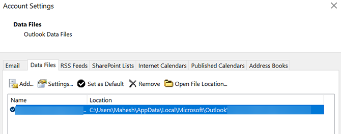 odprite lokacijo podatkovne datoteke v Outlooku