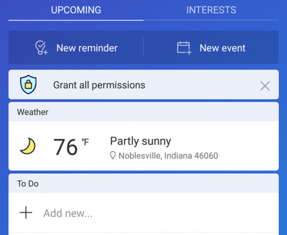 Glavni zaslon aplikacije Cortana