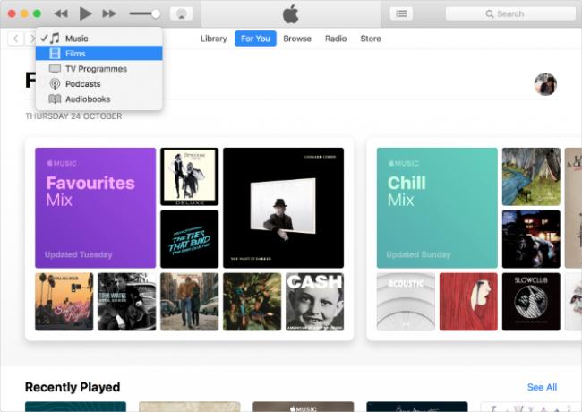 iTunes, ki prikazuje glasbo, TV in podcaste z Apple Music