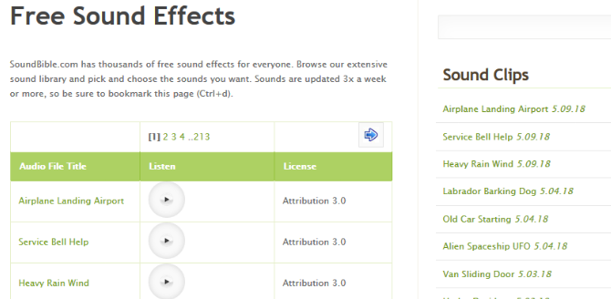 Posnetek zaslona spletnega mesta SoundBible