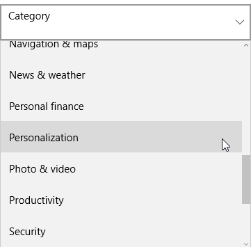 Windows 10 kategorija personalizacije trgovine