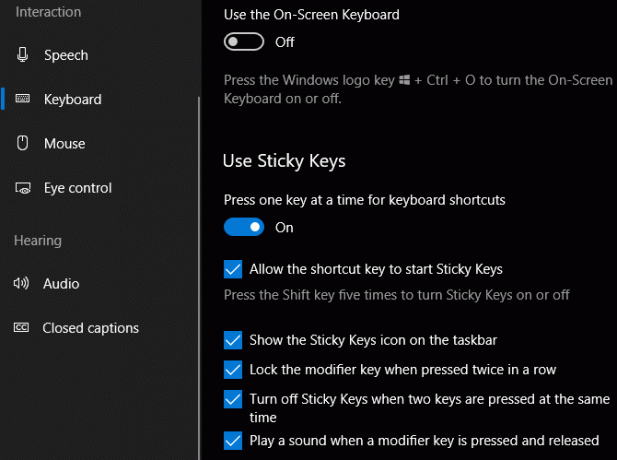 Možnosti lepljivih ključev sistema Windows