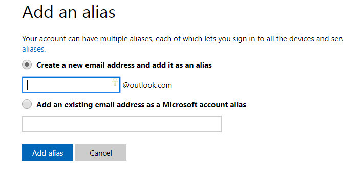 dodajte vzdevek - e-poštni račun Microsofta