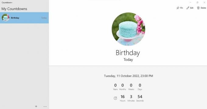 Vmesnik aplikacije Countdown+, ki prikazuje odštevanje za rojstni dan