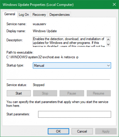 Lastnosti storitve Windows Update