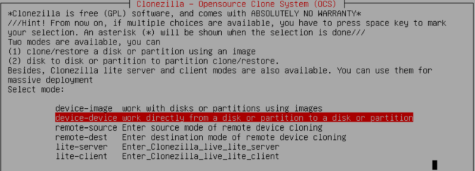 clonezilla select disk in naprava