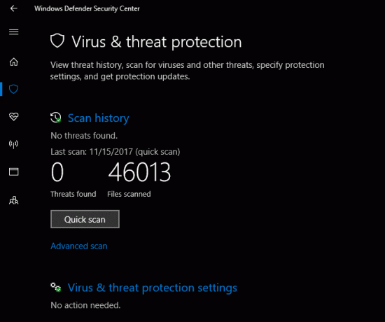 Zaščita pred virusi in grožnjami Varnostnega centra Windows Defender