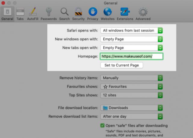 nastavite zavihek in okno v nastavitvah Safarija na Macu
