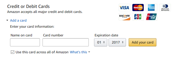 Kartica za plačilni postopek za nakupovanje Amazon