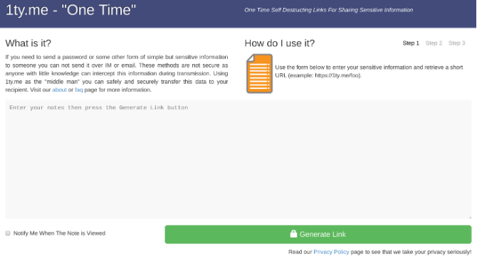 1ty.me je varna aplikacija za pošiljanje enkratnih prebranih opomb in gesel