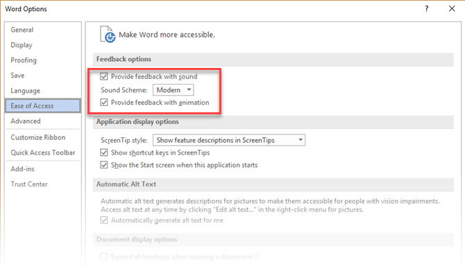 Kako izklopiti moteče zvoke v programu Microsoft Office 2016 Enostavnost dostopa do zvočnih učinkov