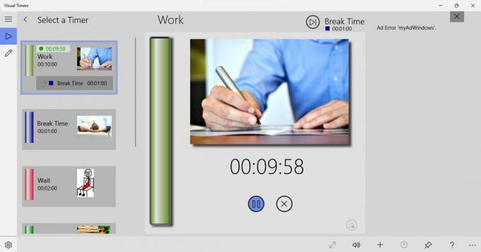 Vmesnik aplikacije Visual Timers, ki prikazuje odštevanje za delo