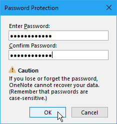 Pogovorno okno Zaščita gesla v OneNote 2016