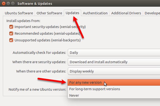 Spremenite nastavitev, da boste obveščeni o vsaki novi različici Ubuntuja