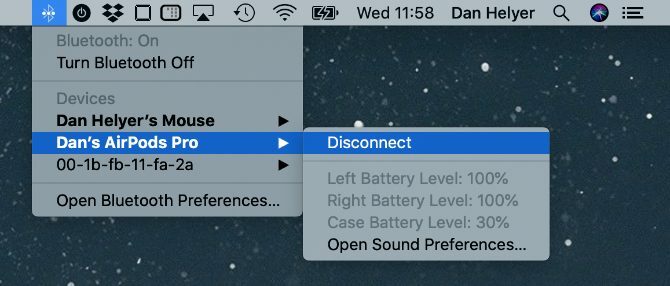 Raven baterije AirPods v meniju Bluetooth macOS