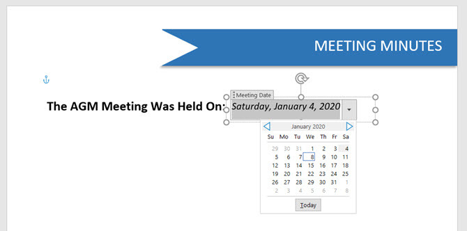 Nadzor vsebine programa Microsoft Word Date Picker 