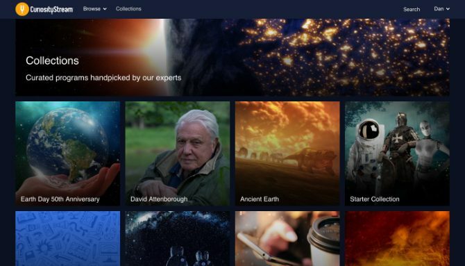Zaslon zbirk CuriosityStream, ki prikazuje kurirane oddaje