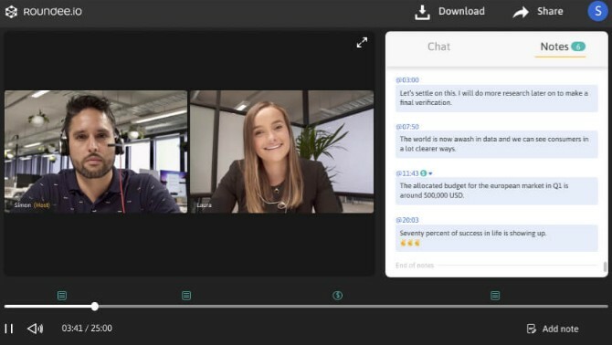 Roundee beleži video konferenčne klice in vam omogoča dodajanje časovno zaznamek za minute sestanka