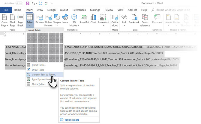 Microsoft Word pretvori besedilo v tabelo