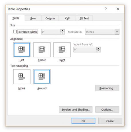 Lastnosti Microsoft Word-Table