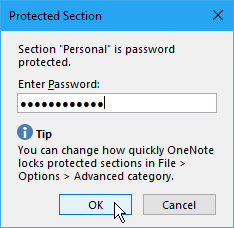 Pogovorno okno zaščitenega odseka v OneNote 2016