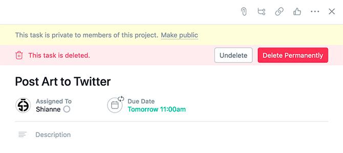 Ustvari projekt Asana trajno izbriši nalogo 