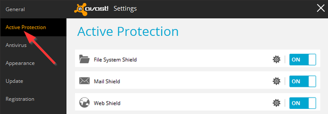 Avast - Nastavitve - Aktivna zaščita