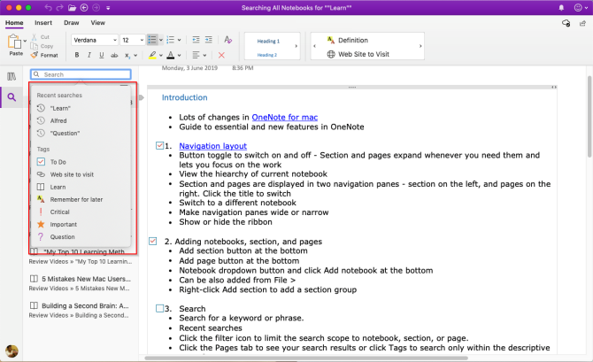 iščite opombe v OneNote Mac