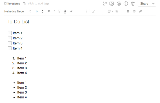 Primer kontrolnega seznama Evernote