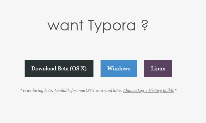 Spletno mesto Typora, ki prikazuje različice za Mac, Windows in Linux