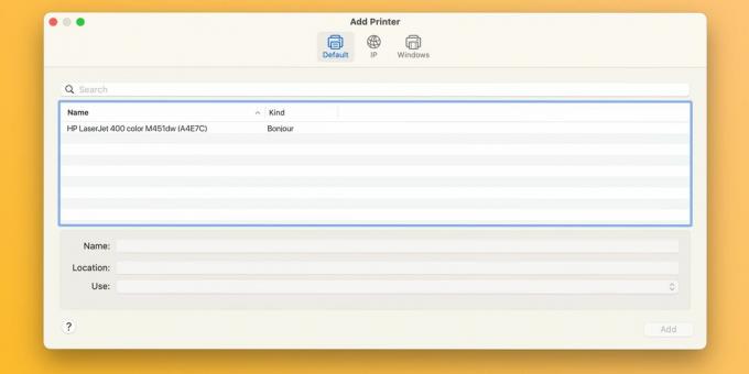 Pogovorno okno Dodaj tiskalnik v sistemskih nastavitvah macOS Sonoma