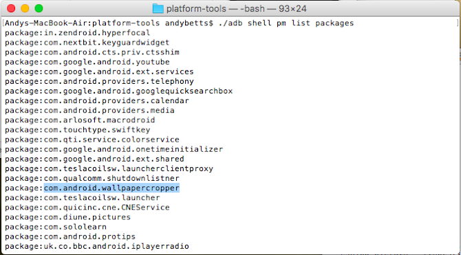 android adb seznam paketov