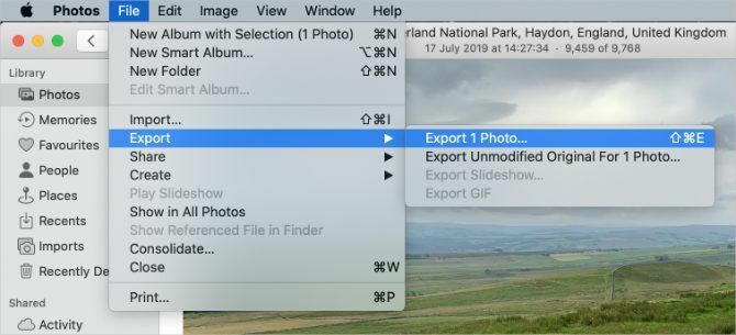 Možnost izvoza fotografije v Fotografije na Macu