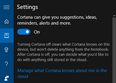 Nastavitve za Windows 10 Cortana