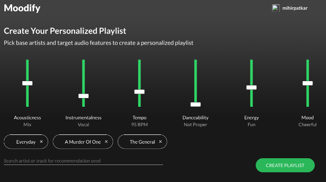 Moodify ustvarja prilagojene sezname predvajanja na podlagi skladb, ki so vam všeč in glasbenih funkcij, ki jih želite