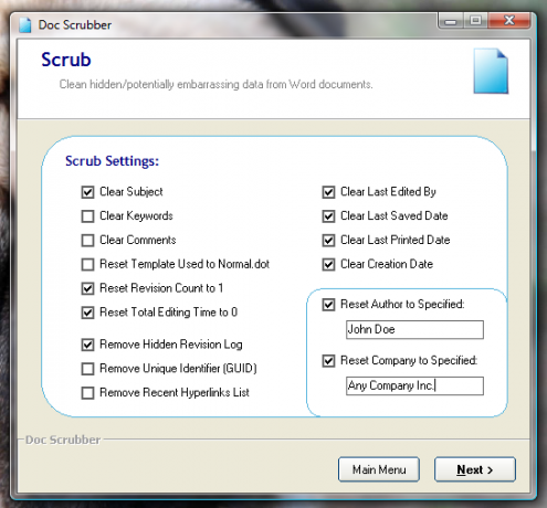 Kako očistiti metapodatke iz dokumentov Word [Windows] docscrubber scrub settings