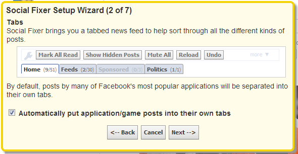 Očistite svoj Facebook News Feed with Social Fixer Filtering [Tedenski nasveti za Facebook] Social Fixer Setup Tabs