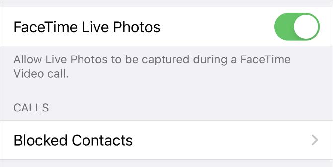 FaceTime Live Photos preklopi v nastavitvah iPhone