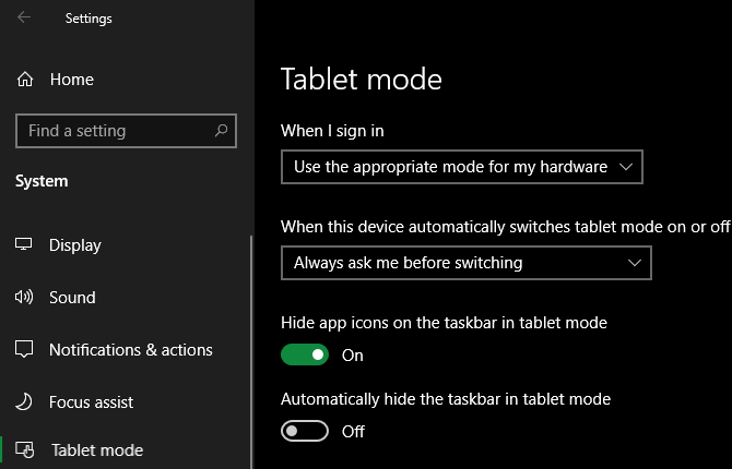 Možnosti načina Windows 10 Tablet