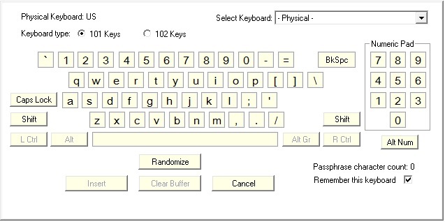 Navidezna tipkovnica za pripomoček Password Safe