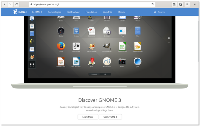 GNOME Spletni brskalnik, ki prikazuje spletno stran GNOME