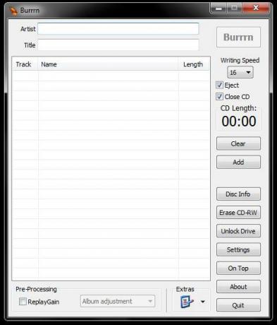 Burrrn - brezplačen pripomoček za zapisovanje avdio CD-jev s FLAC, OGG in MP3 & More burrrn