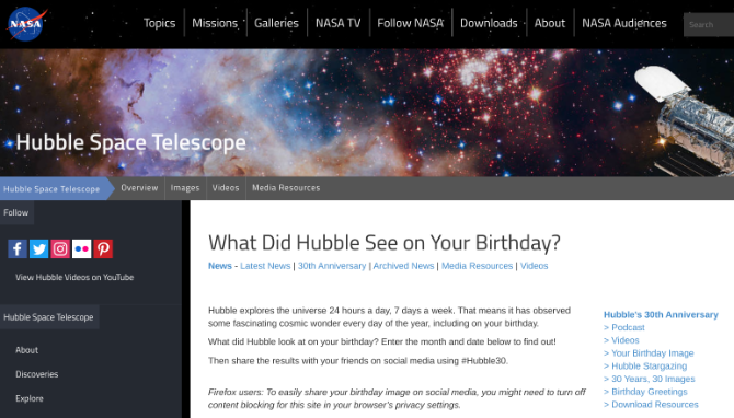 Kaj je videl Hubble teleskop na vaš rojstni dan? Oglejte si NASA-ino mini stran za galaktično praznovanje rojstnega dne