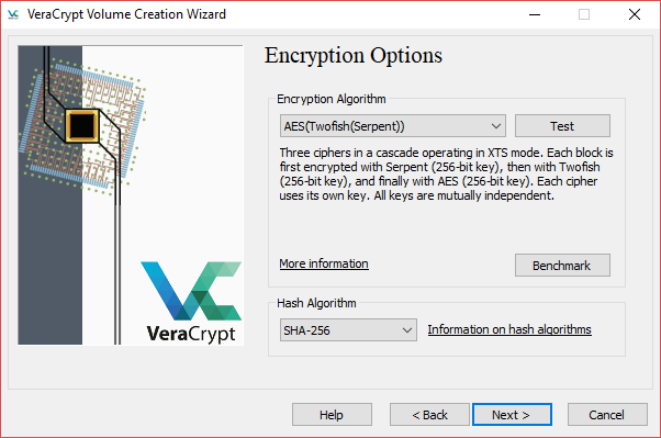 algoritem za šifriranje čarovnika za ustvarjanje nosilca veracrypt