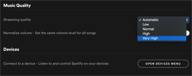 Spotify nastavitve z zelo visoko kakovostjo glasbe