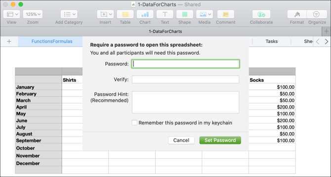 Nastavite geslo za dokument v Mac Numbers