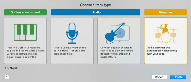 Track Type pojavno okno v GarageBand